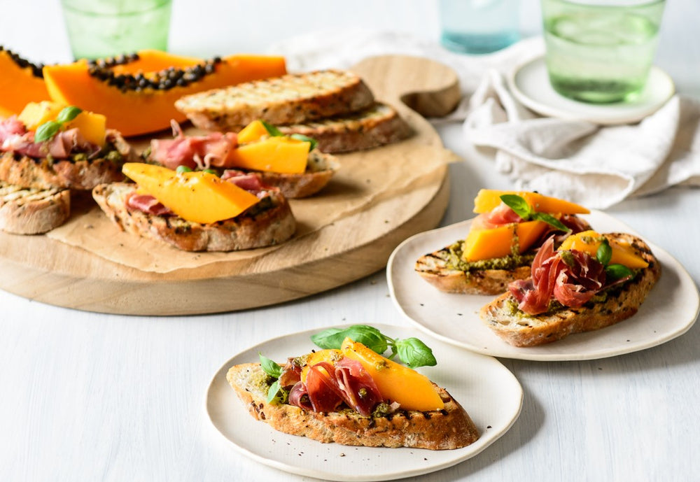 Papaw, Prosciutto & Pesto Crostini