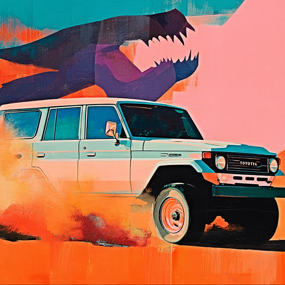 Illustration of a Toyota Land Cruiser with abstract shapes in the background