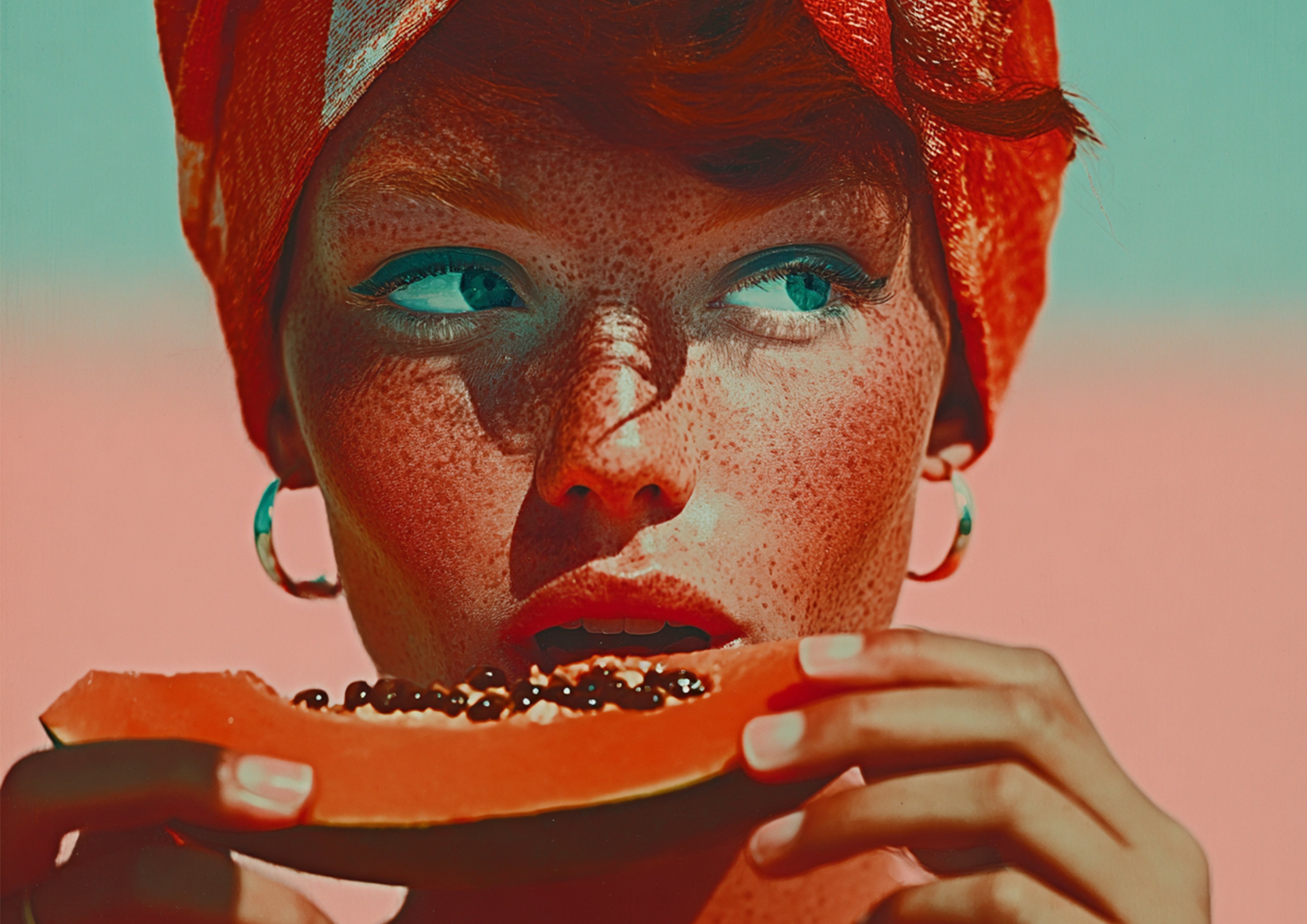 Surreal artwork of a person with red hair and freckles holding a watermelon slice against a gradient background
