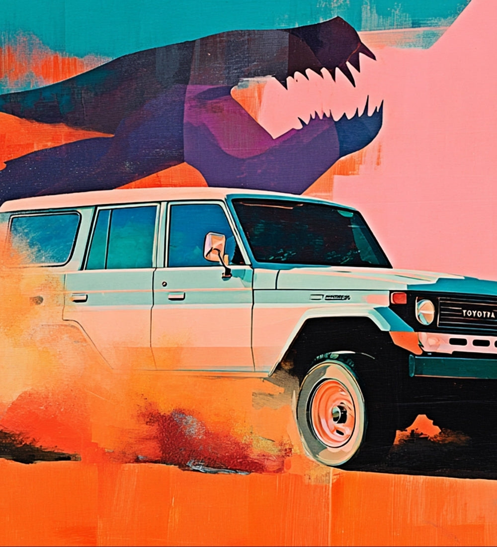 Colorful abstract mural with a Toyota Land Cruiser and stylized animal figure on a vibrant background
