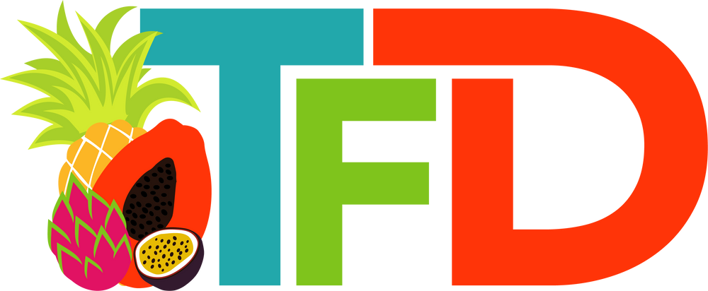 Colorful logo with letters 'TFD' and tropical fruits on a white background
